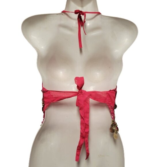 Fuchsia Pink Belly Dancing Top Crocheted with Gold Beads Coins Halter Crop Top - Picture 3 of 6